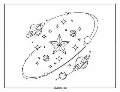 Dibujo de estrella para colorear para niños: Una gran estrella se sienta en el centro con pequeñas estrellas orbitándola como planetas