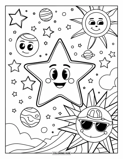 Dibujo de estrella para colorear para niños: Una gran estrella con un sombrero amarillo, planetas y un sol sonriente con gafas de sol