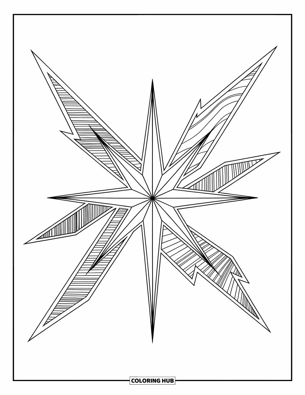 Star Coloring Page for Kids: A bold star with sharp, angular rays, each featuring unique abstract patterns