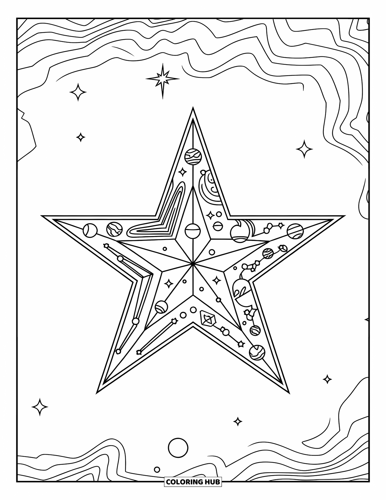 Star Coloring Page for Kids: A celestial-themed star with intricate patterns of planets and constellations