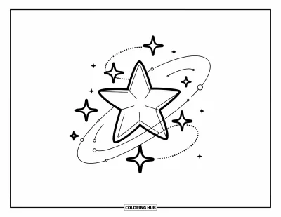 Dibujo de estrella para colorear para niños: Una estrella central con pequeñas estrellas que la rodean como planetas en movimiento