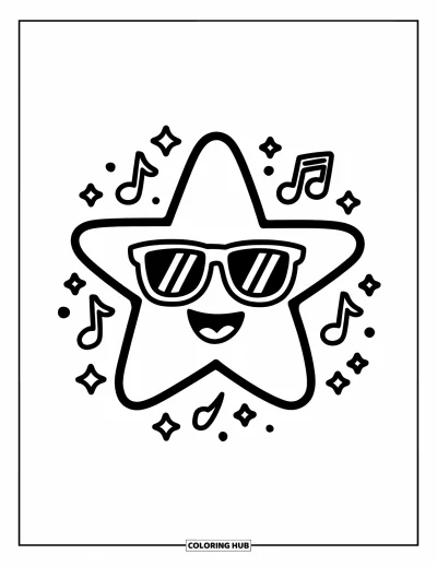Dibujo de estrellas para colorear para niños: Una estrella alegre con gafas de sol, brillando con destellos y notas musicales a su alrededor