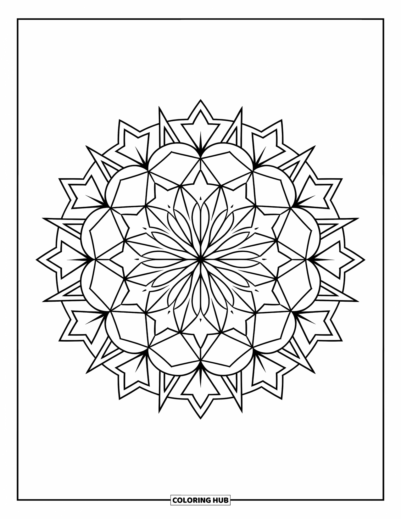 Star Coloring Page for Kids: A circular mandala pattern made of intricate star arrangements