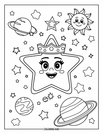 Dibujo de estrella para colorear para niños: Una estrella coronada en el centro, rodeada de planetas, pequeñas estrellas y un sol feliz