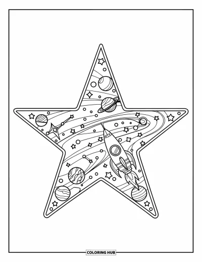 Dibujo de estrella para colorear para niños: Una estrella detallada que contiene lunas, planetas, un cohete y un astronauta