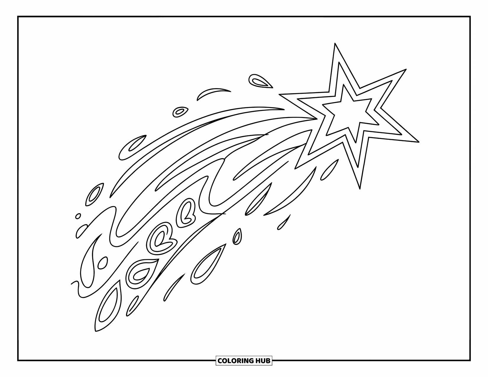 Star Coloring Page for Kids: A dynamic shooting star with swirling trails blending into intricate floral designs