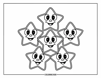 Dibujo de estrella para colorear para niños: Un grupo de cinco estrellas felices dispuestas en un círculo juguetón