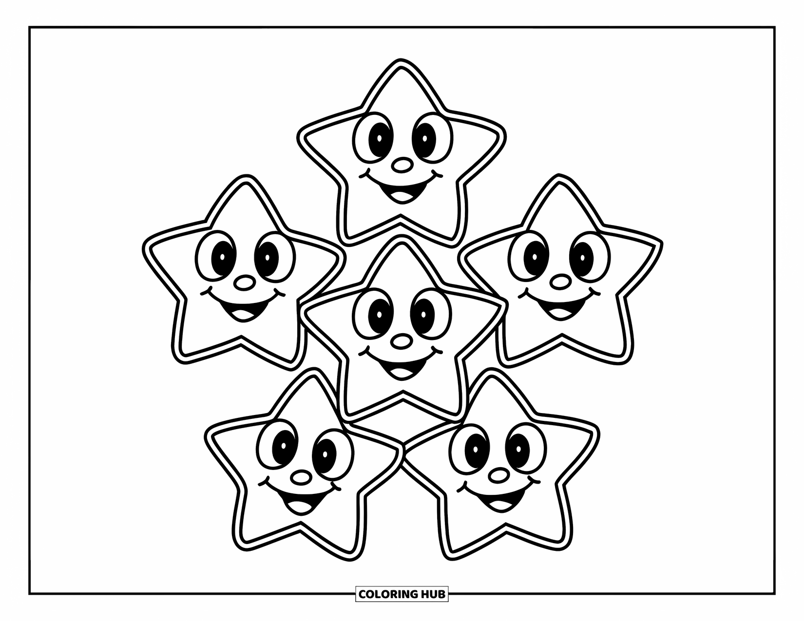 Star Coloring Page for Kids: A group of five happy stars arranged in a playful circle
