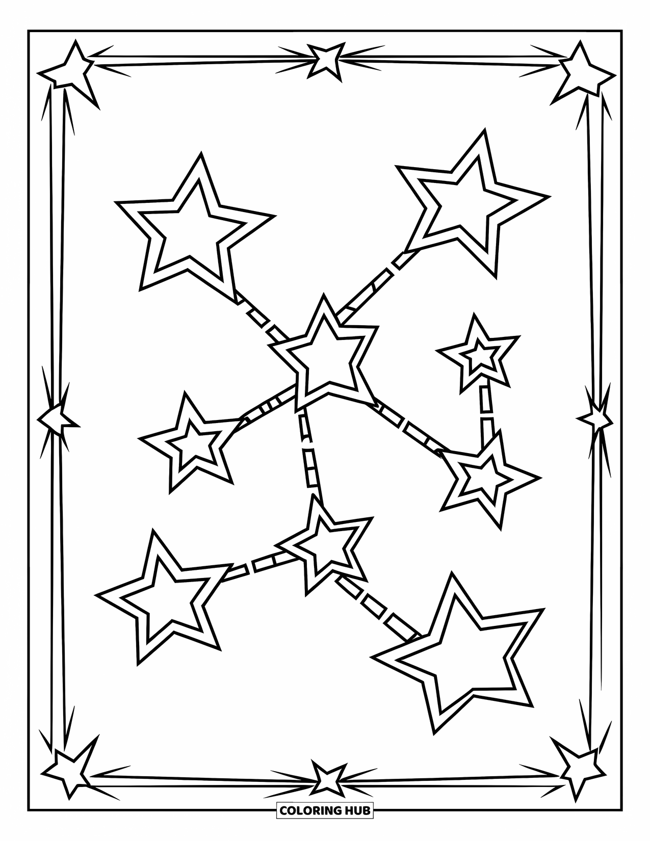 Star Coloring Page for Kids: A group of stars forms a constellation, connected by dashed lines