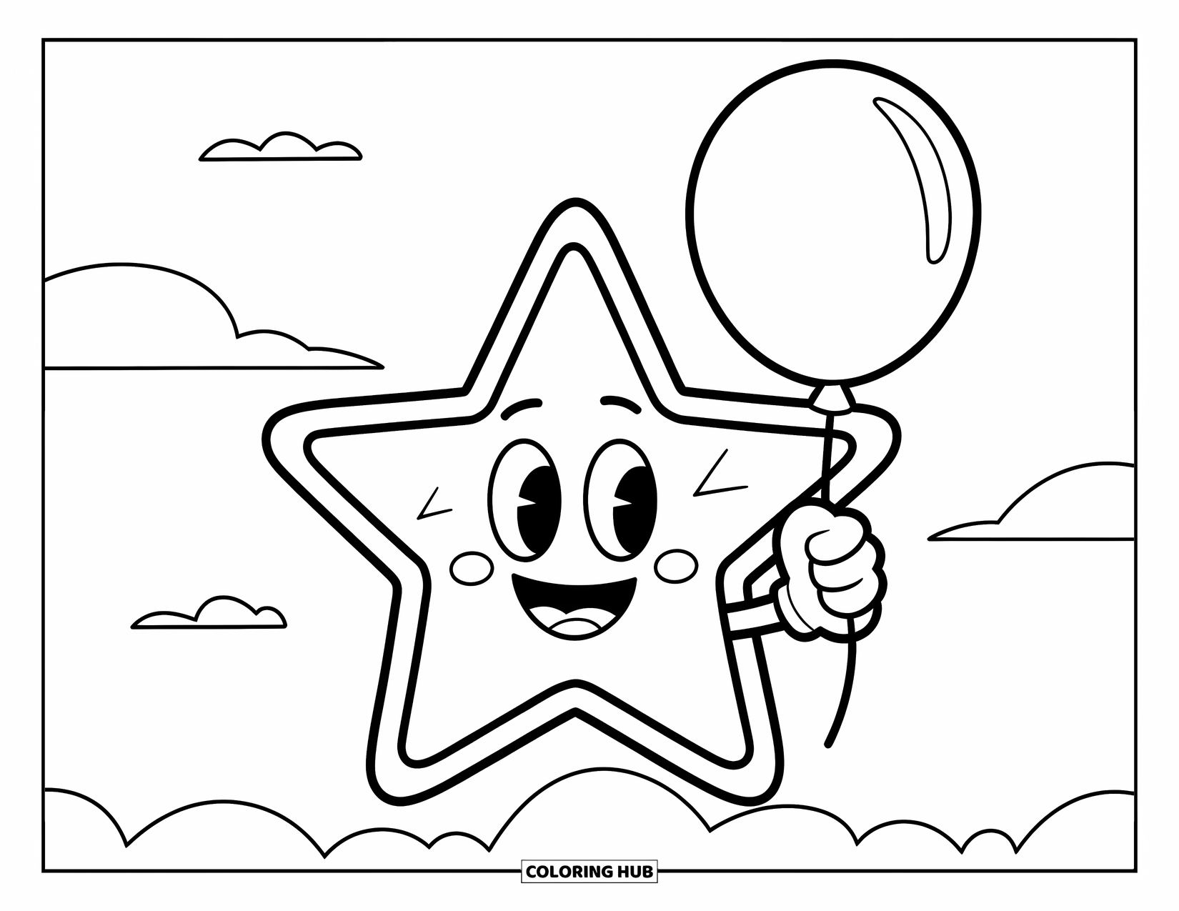 Star Coloring Page for Kids: A happy star floats with a balloon among a few clouds