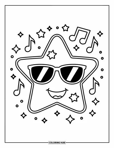 Dibujo de estrellas para colorear para niños: Una estrella contenta con gafas de sol y notas musicales flotando a su alrededor