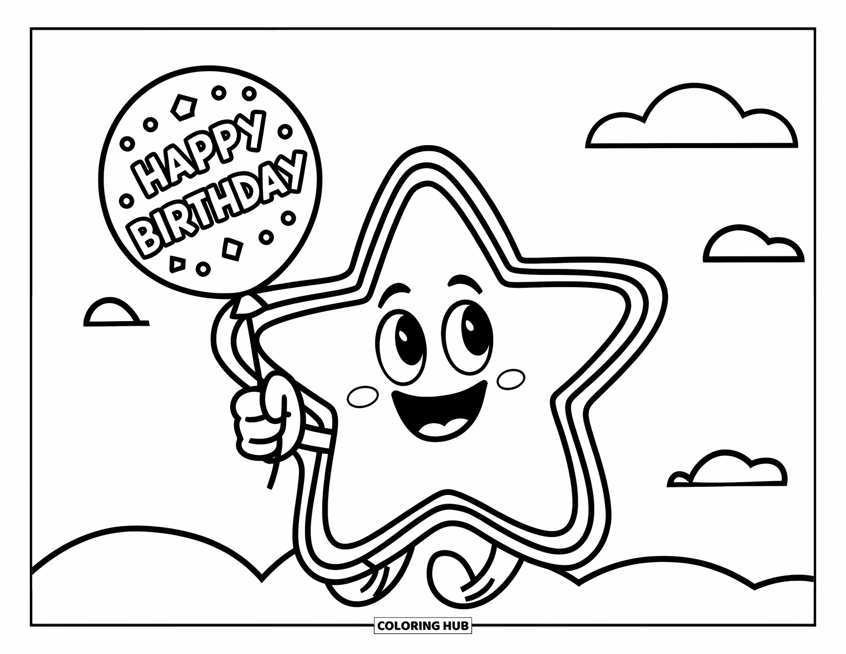Star Coloring Page for Kids: A joyful star holds a "Happy Birthday" balloon with a few clouds around