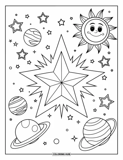 Dibujo de estrellas para colorear para niños: Una gran estrella brilla en el centro, rodeada de planetas y un sol sonriente