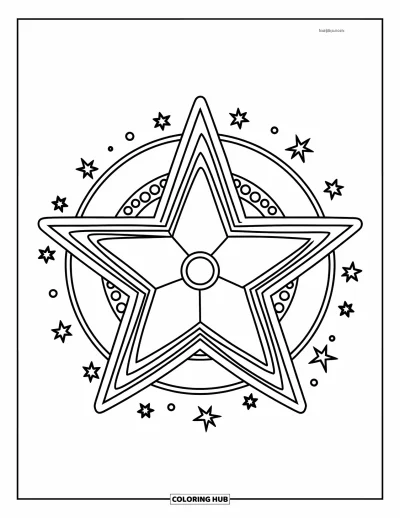 Dibujo de estrella para colorear para niños: Una gran estrella brilla intensamente, rodeada de pequeños puntos y destellos