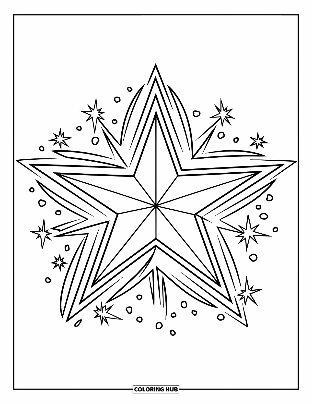 Star Coloring Page for Kids: A large star shines brightly, surrounded by tiny dots and sparkles