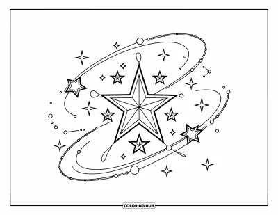 Dibujo de estrella para colorear para niños: Una gran estrella con estrellas en órbita conectadas por curvas discontinuas juguetonas