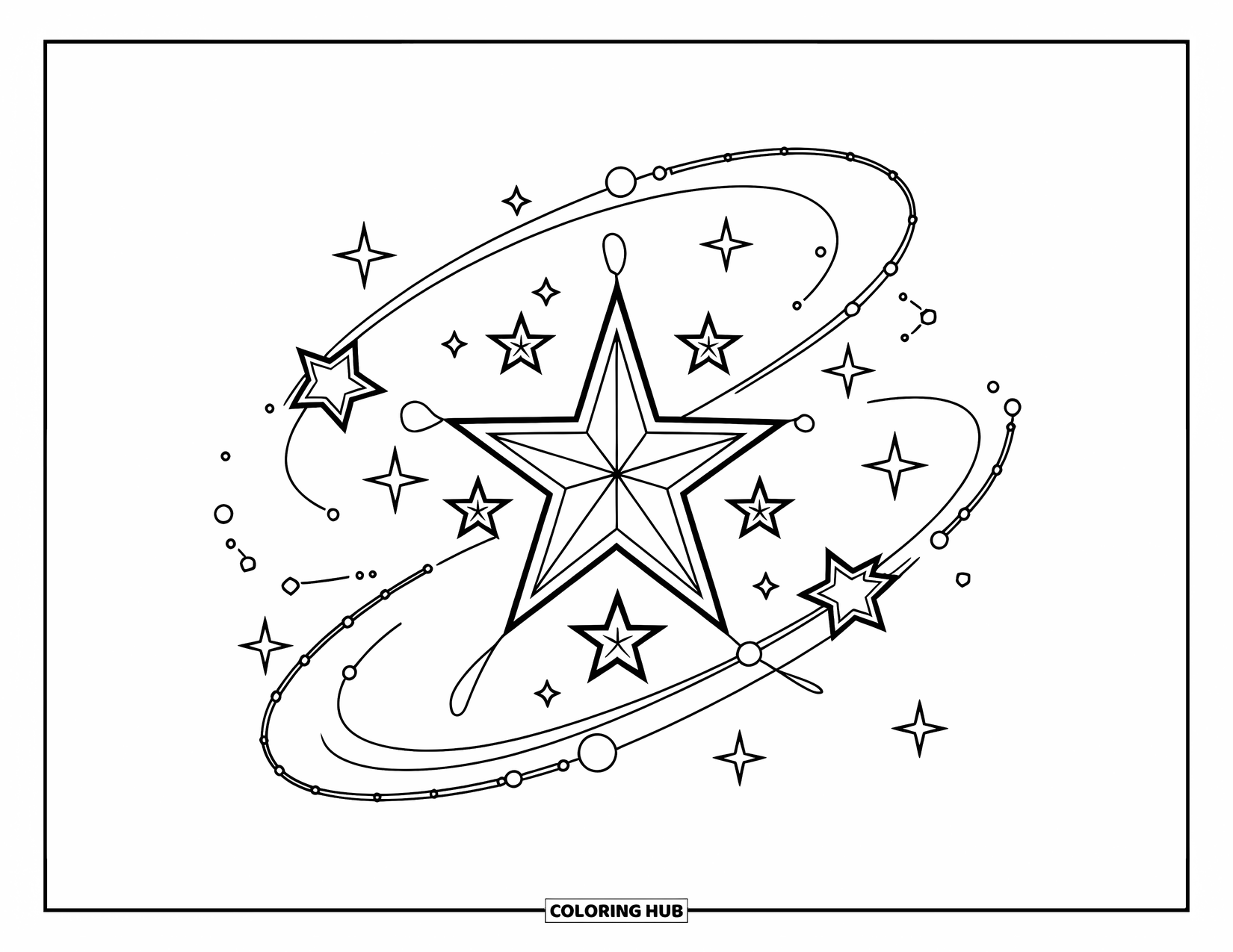 Star Coloring Page for Kids: A large star with orbiting stars connected by playful dashed curves