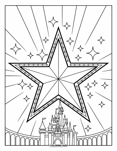 Dibujo de estrellas para colorear para niños: Una gran estrella con destellos frente a un fondo de castillo