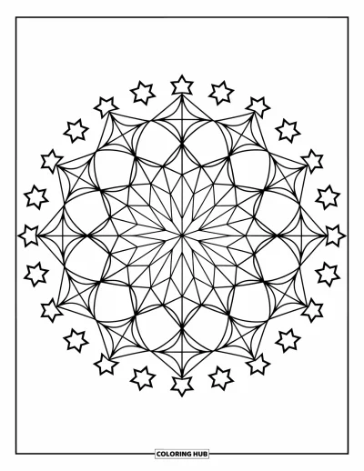Dibujo de estrella para colorear para niños: Un mandala de estrellas con un círculo circundante de estrellas más pequeñas