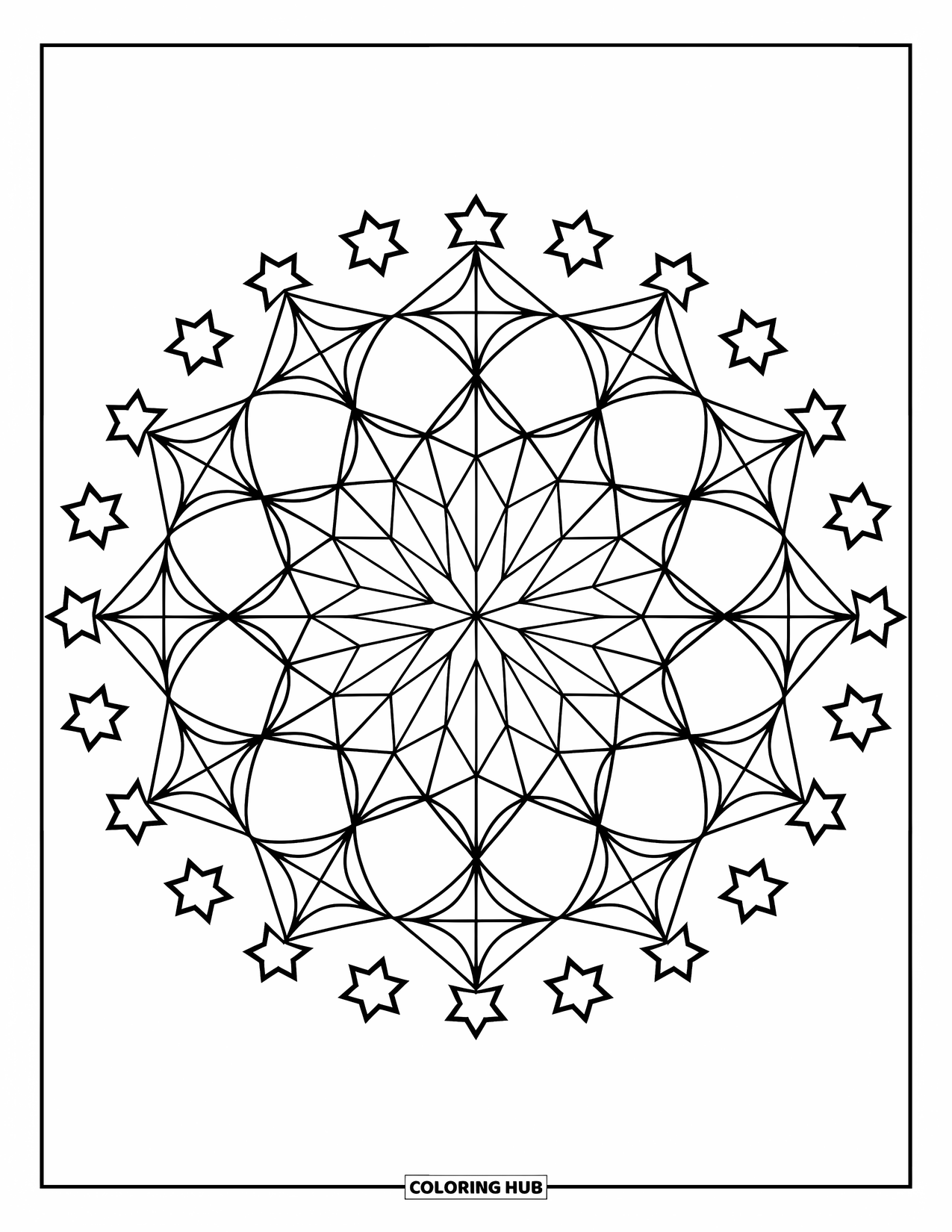 Star Coloring Page for Kids: A mandala of stars with a surrounding circle of smaller stars