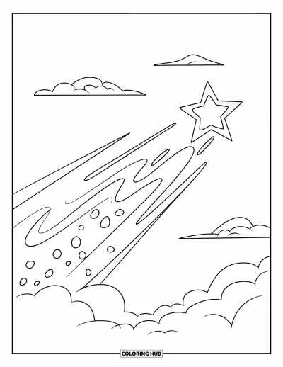 Dibujo de estrella para colorear para niños: Una estrella fugaz deja un rastro de polvo brillante con pequeñas nubes alrededor