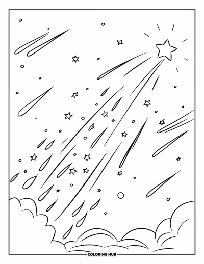 Dibujo de estrella para colorear para niños: Una estrella fugaz deja atrás un rastro dinámico de estrellas más pequeñas