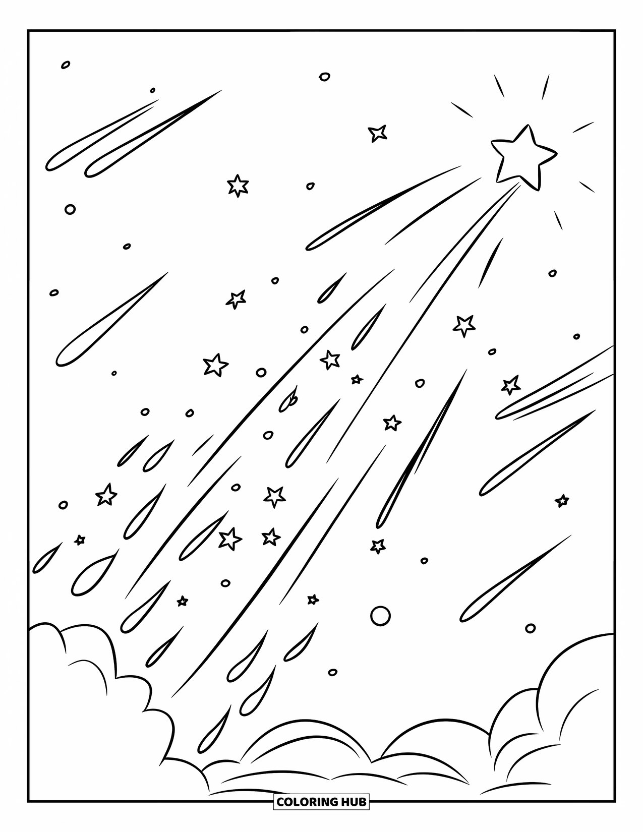 Star Coloring Page for Kids: A shooting star leaves behind a dynamic trail of smaller stars