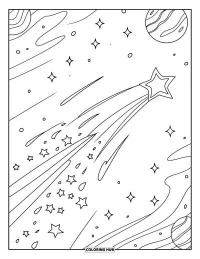 Dibujo de estrella para colorear para niños: Una estrella fugaz con un largo rastro brillante entre planetas y galaxias