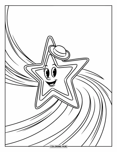 Dibujo de estrella para colorear para niños: Una estrella fugaz con una cara sonriente y un sombrero se eleva por el cielo