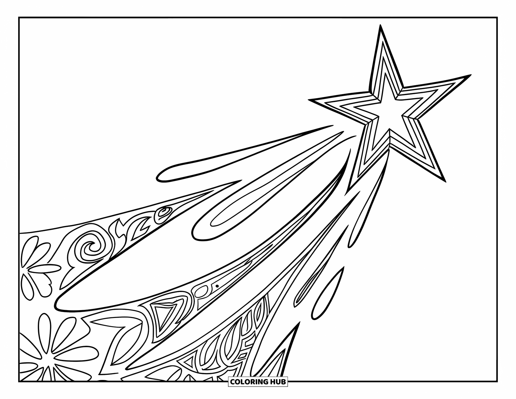 Star Coloring Page for Kids: A shooting star with swirling trails that transform into floral or paisley patterns