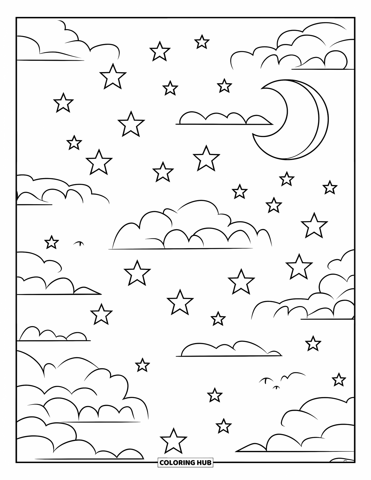 Star Coloring Page for Kids: A sky full of stars, a crescent moon, and light, wispy clouds