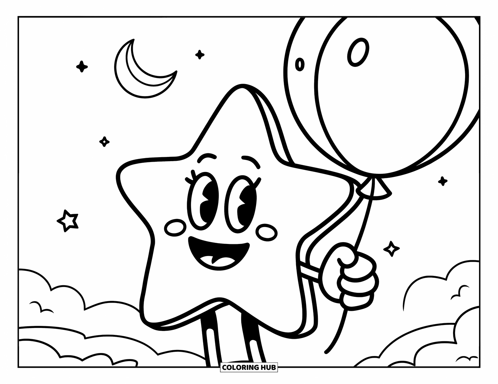 Star Coloring Page for Kids: A smiling star holds a balloon, surrounded by tiny stars and a crescent moon