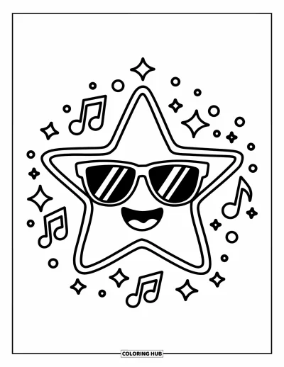 Dibujo de estrella para colorear para niños: Una estrella sonriente con gafas de sol rodeada de destellos y notas musicales