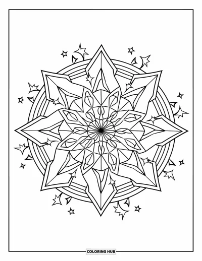Dibujo de estrella para colorear para niños: Un mandala en espiral de estrellas con estrellas dinámicas más pequeñas dispersas alrededor
