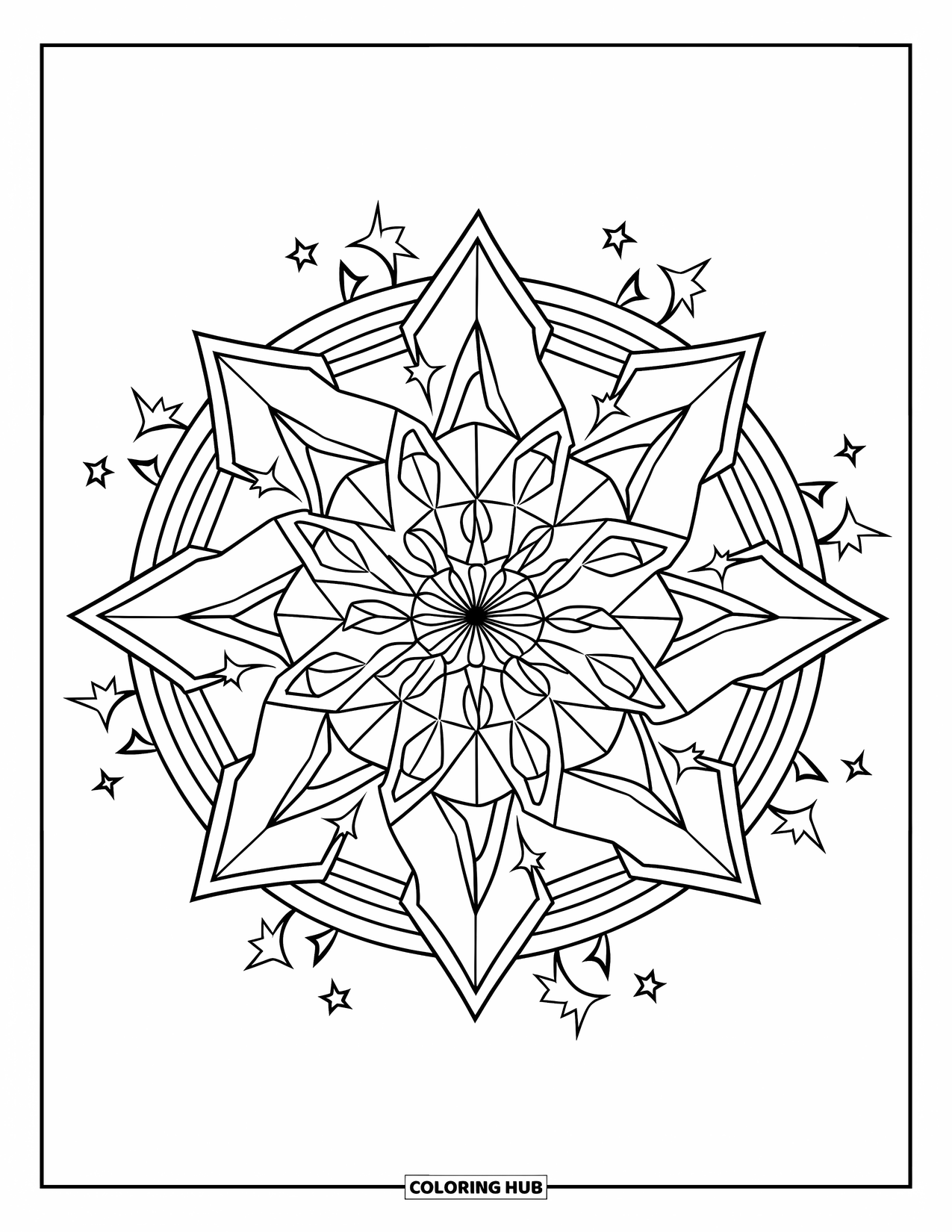 Star Coloring Page for Kids: A spiral mandala of stars with dynamic smaller stars scattered around