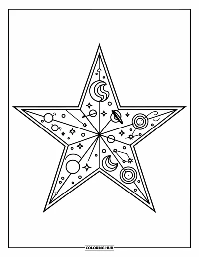 Dibujo de estrella para colorear para niños: Una estrella llena de pequeñas lunas, planetas y constelaciones arremolinadas
