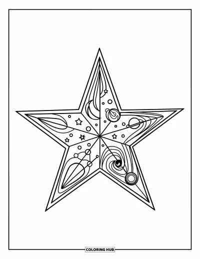 Dibujo de estrella para colorear para niños: Una estrella con detalles cósmicos, con galaxias arremolinadas y elementos celestiales