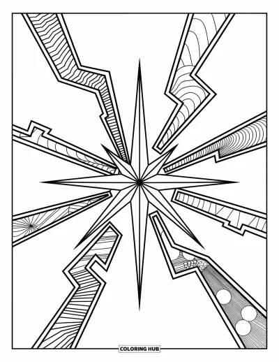 Dibujo de estrella para colorear para niños: Un diseño de explosión de estrellas con rayos angulares, decorado con patrones abstractos