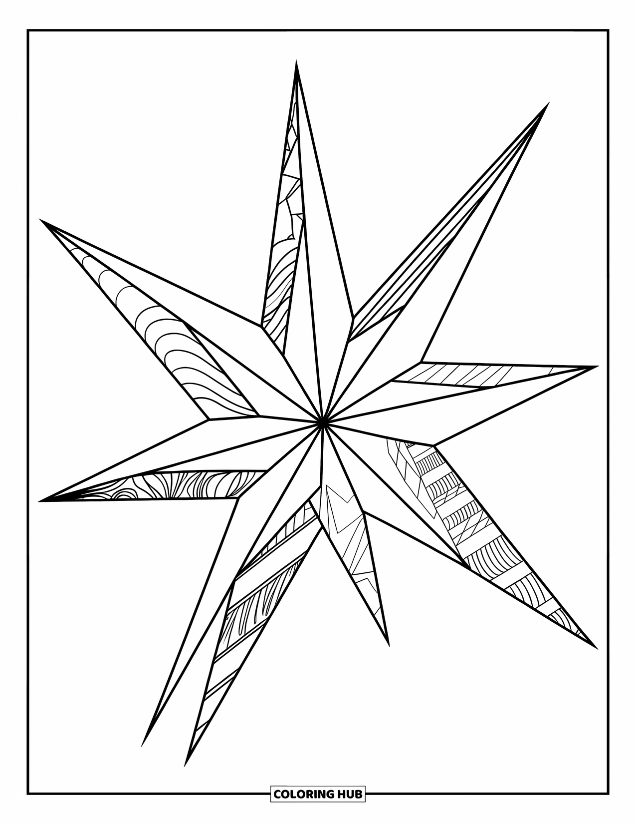 Star Coloring Page for Kids: An edgy star with striking rays, each filled with abstract textures