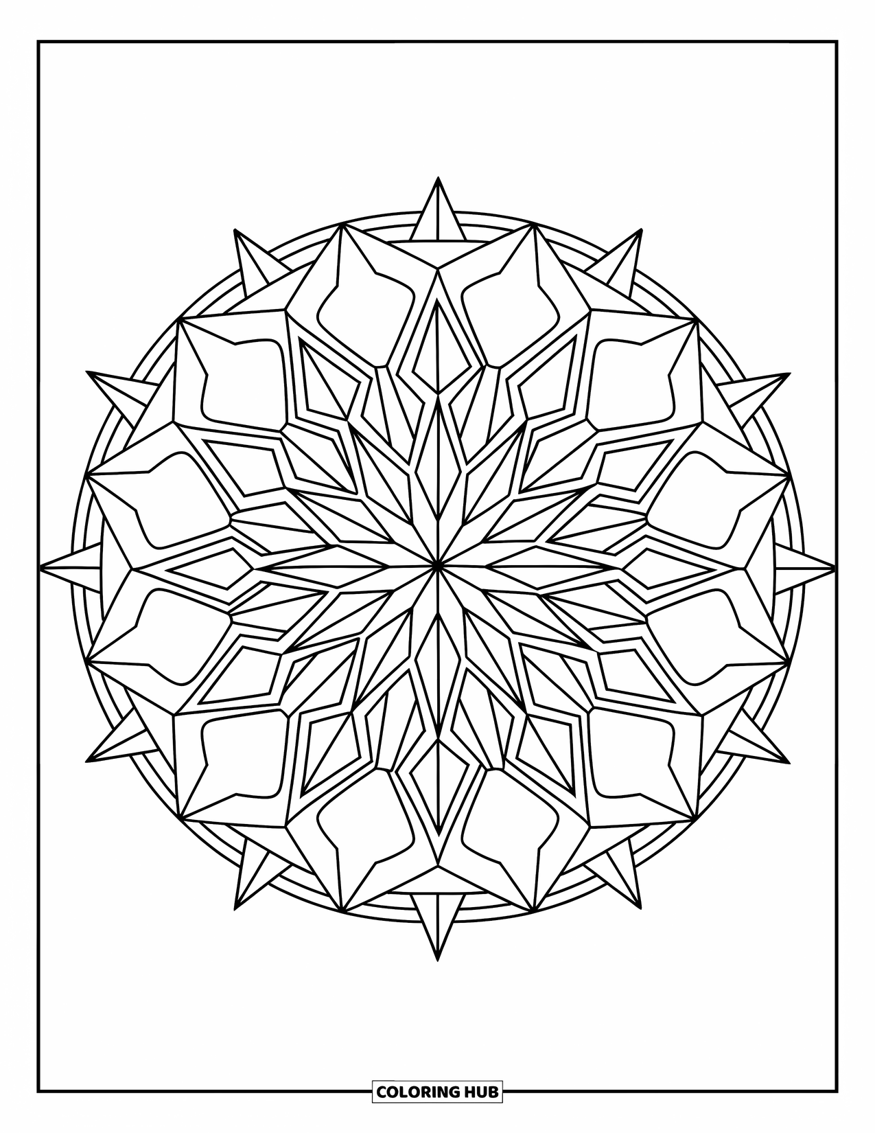 Star Coloring Page for Kids: An intricate mandala made of stars arranged in a geometric circular design