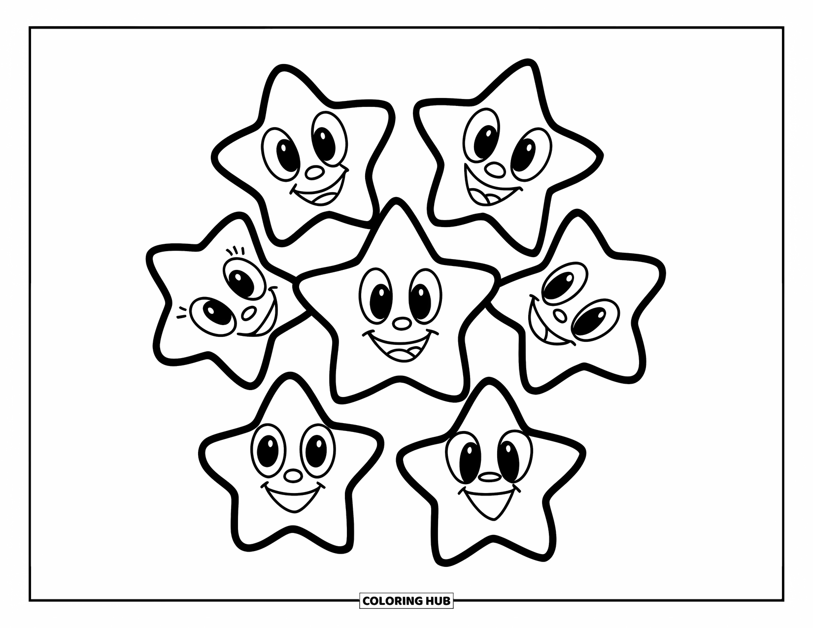 Star Coloring Page for Kids: Five smiling stars form a cheerful circular pattern