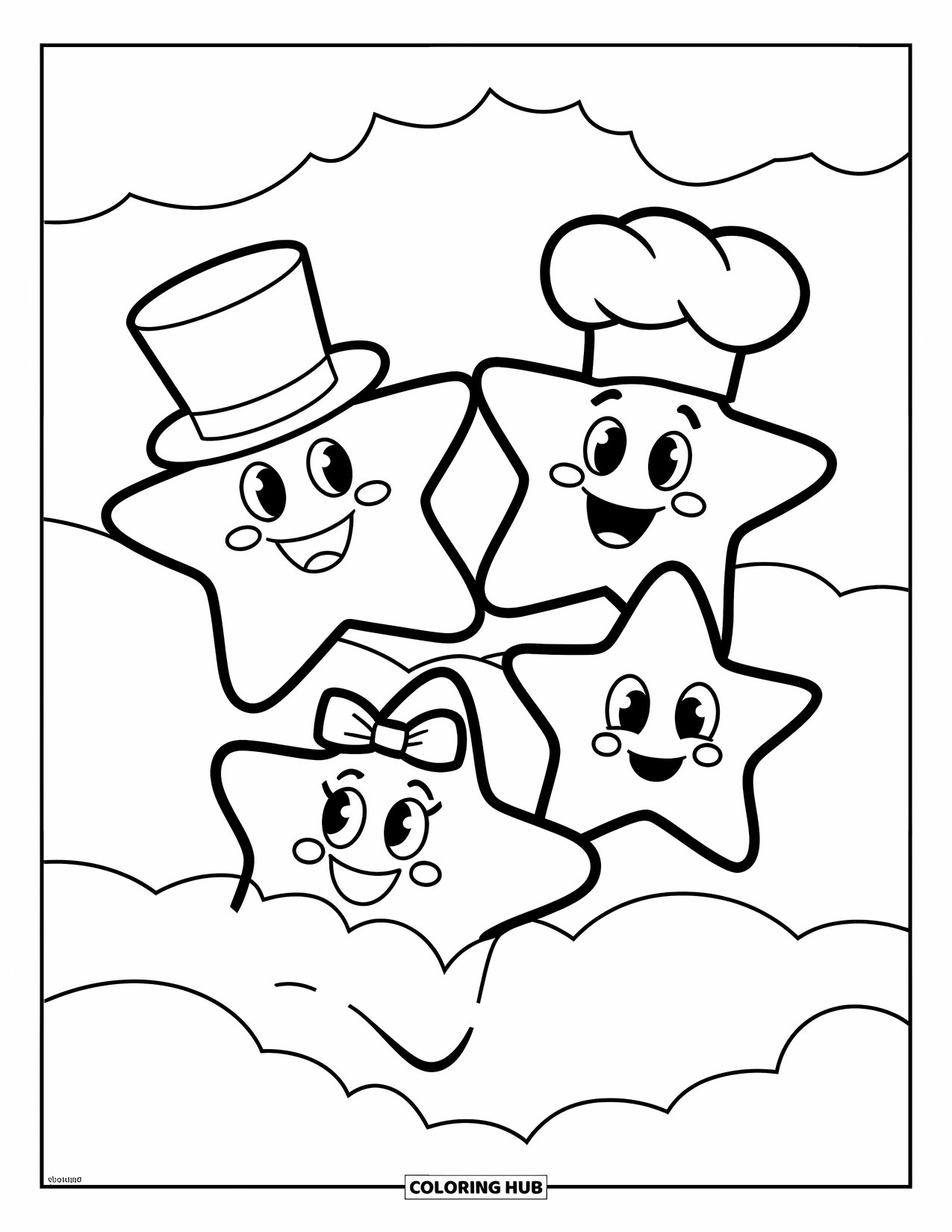 Star Coloring Page for Kids: Three cheerful stars wear a top hat, bow, and chef's hat while floating