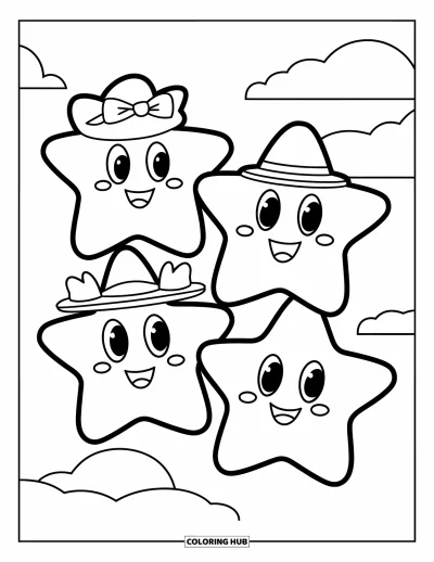 Dibujo de estrellas para colorear para niños: Tres estrellas felices con distintos sombreros flotando en el cielo