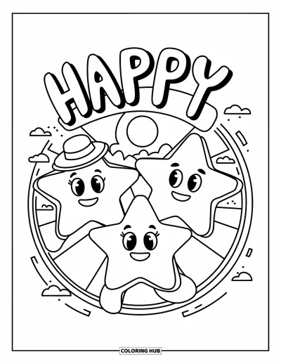 Dibujo de estrella para colorear para niños: Tres estrellas con sombreros y lazos flotan en un círculo con una burbuja de texto "Feliz" arriba