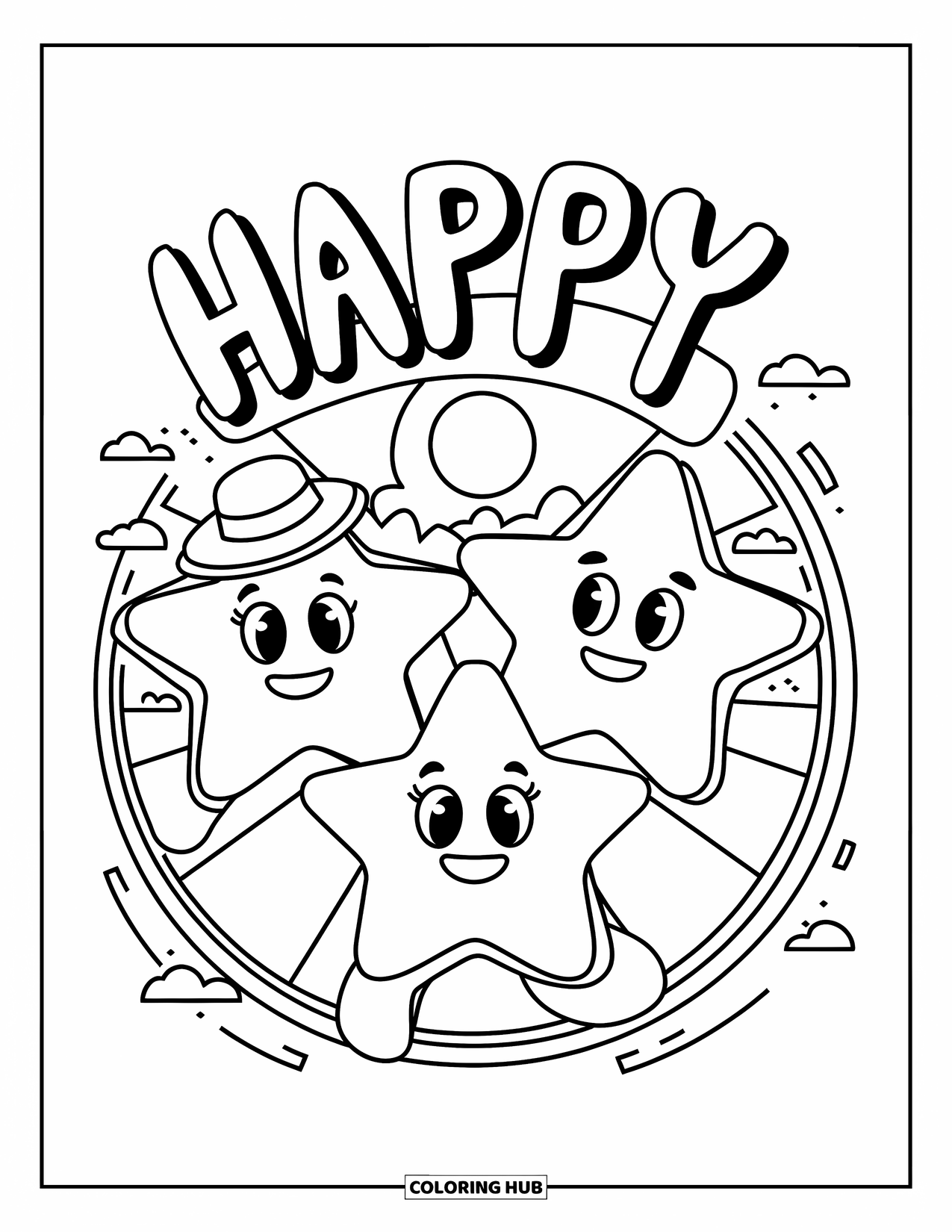 Star Coloring Page for Kids: Three stars in hats and bows float in a circle with a "Happy" text bubble above