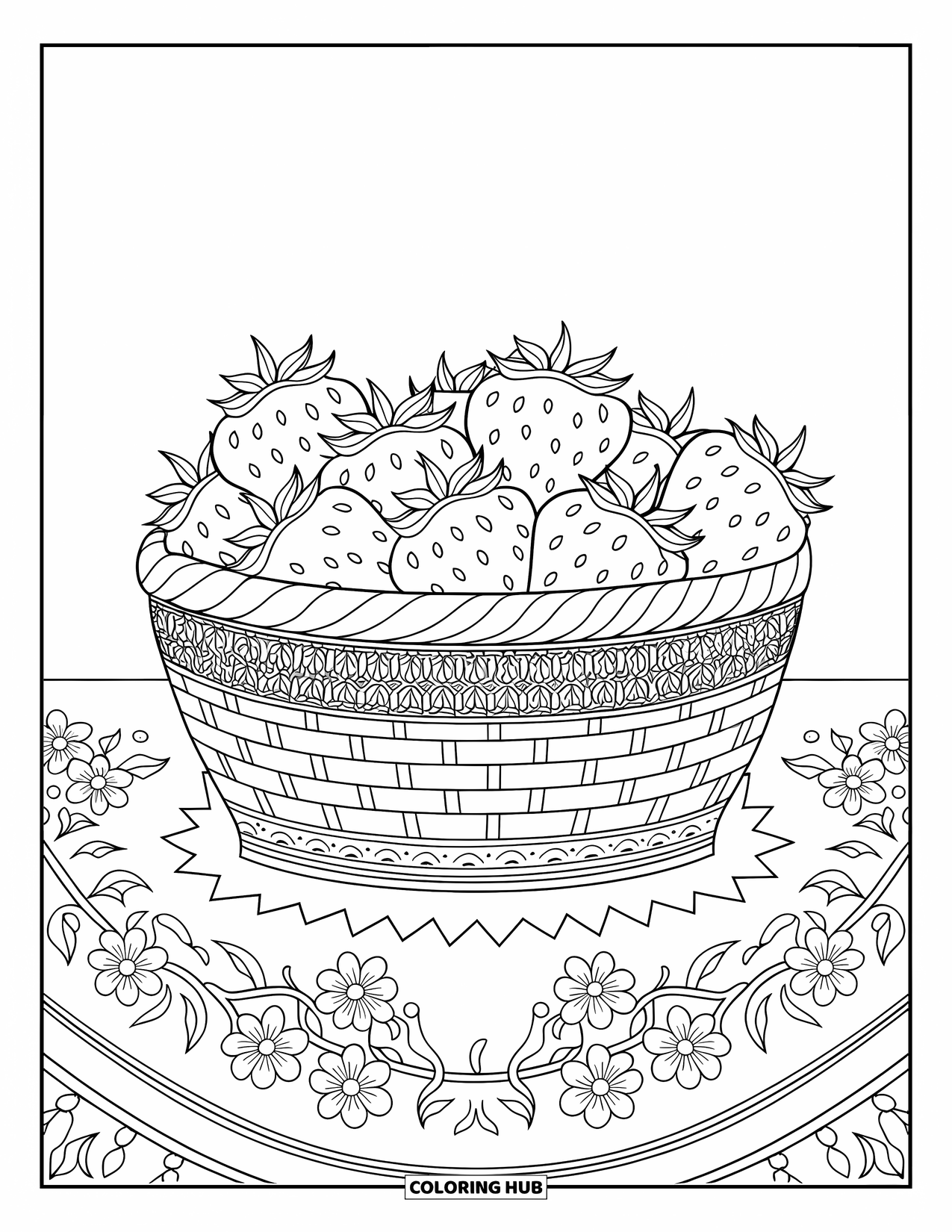 Strawberry Coloring Page for Adults: A basket of ripe strawberries with intricate details and a patterned cloth underneath