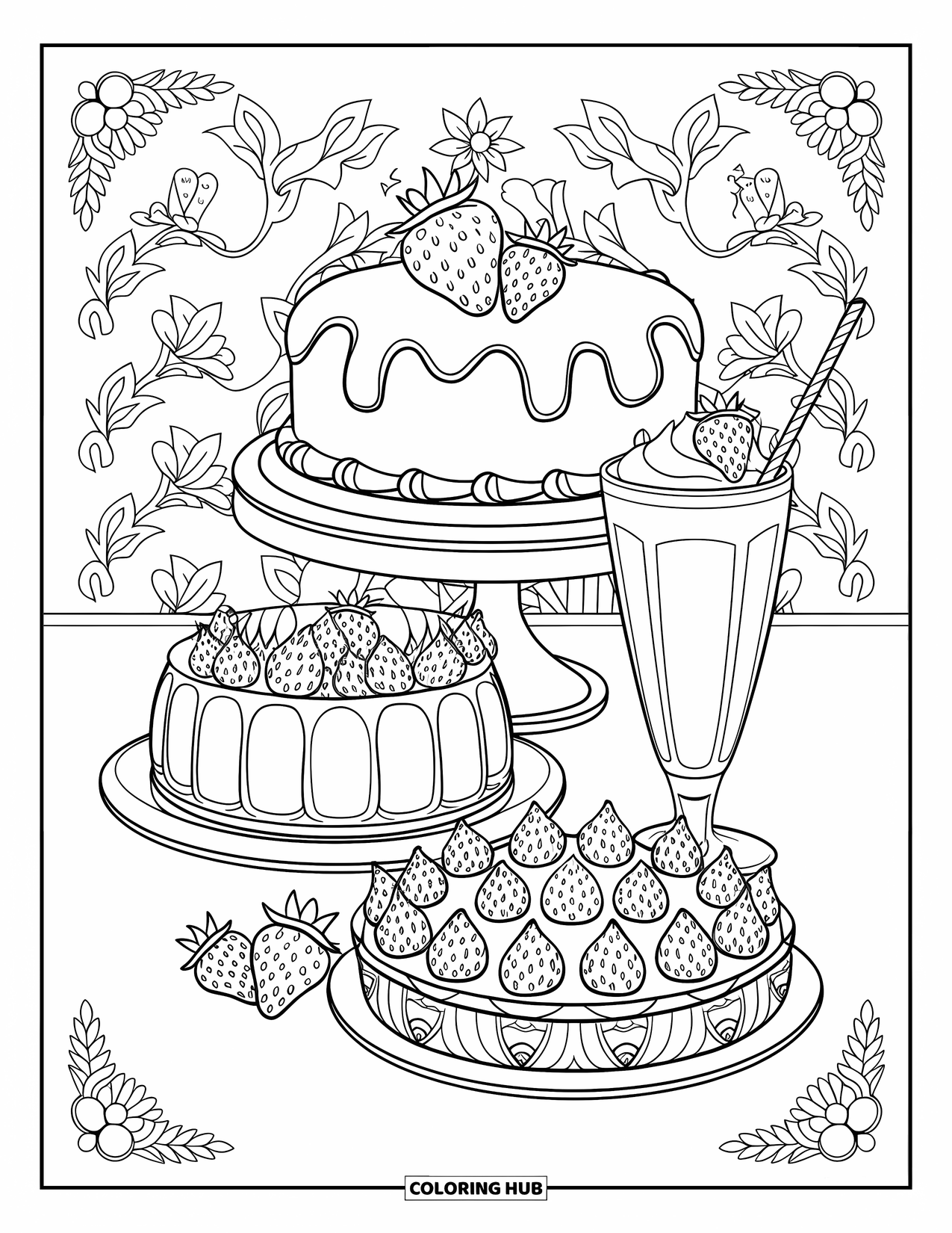 Strawberry Coloring Page for Adults: A beautifully arranged strawberry dessert table with ornate designs and elegant patterns