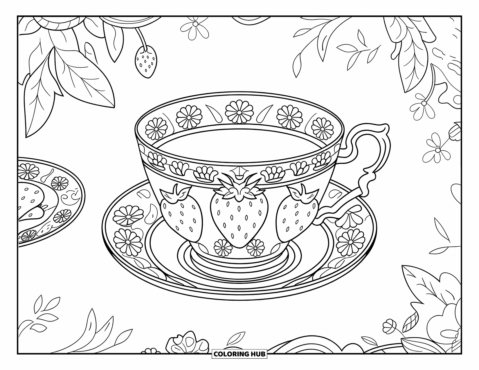 Strawberry Coloring Page for Adults: A beautifully decorated teacup with a strawberry motif and an intricate saucer design
