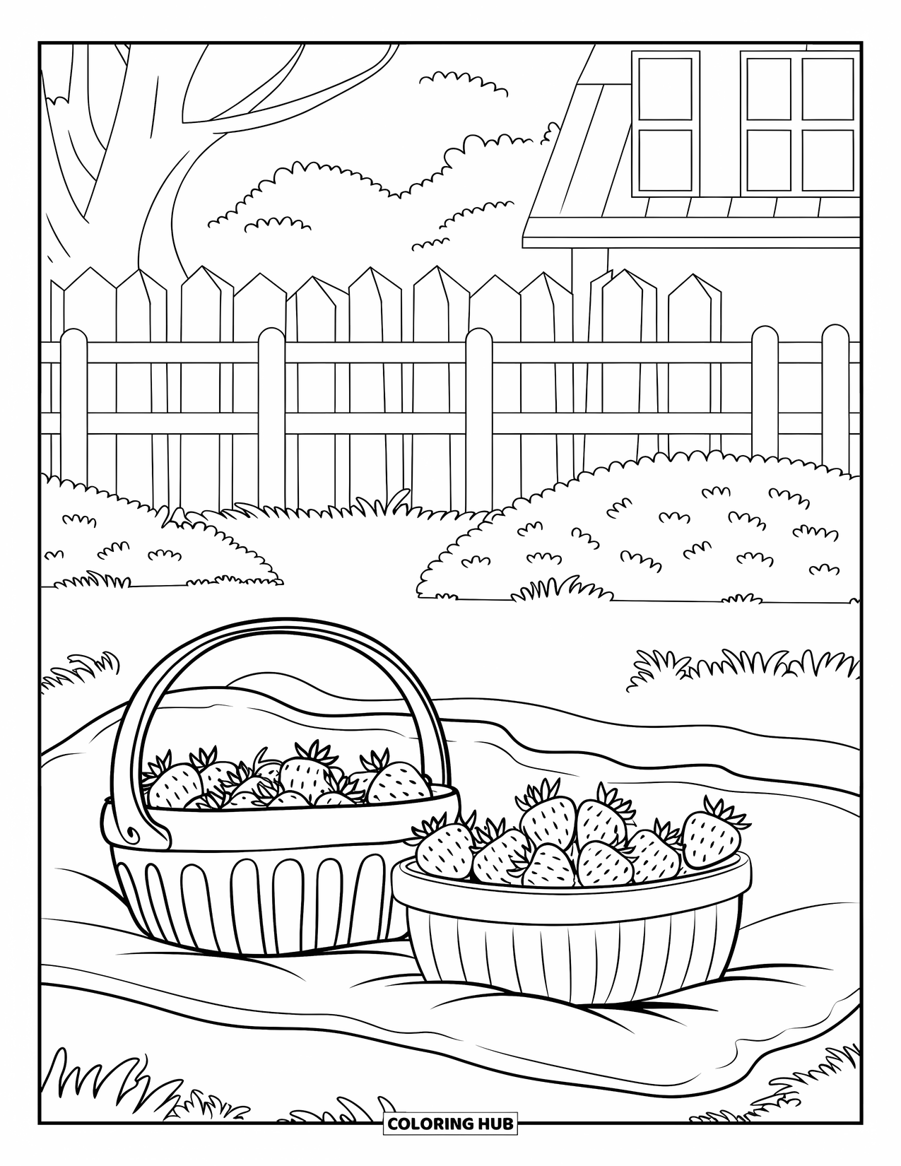Strawberry Coloring Page for Adults: A charming picnic scene with a basket of strawberries and a wooden fence nearby