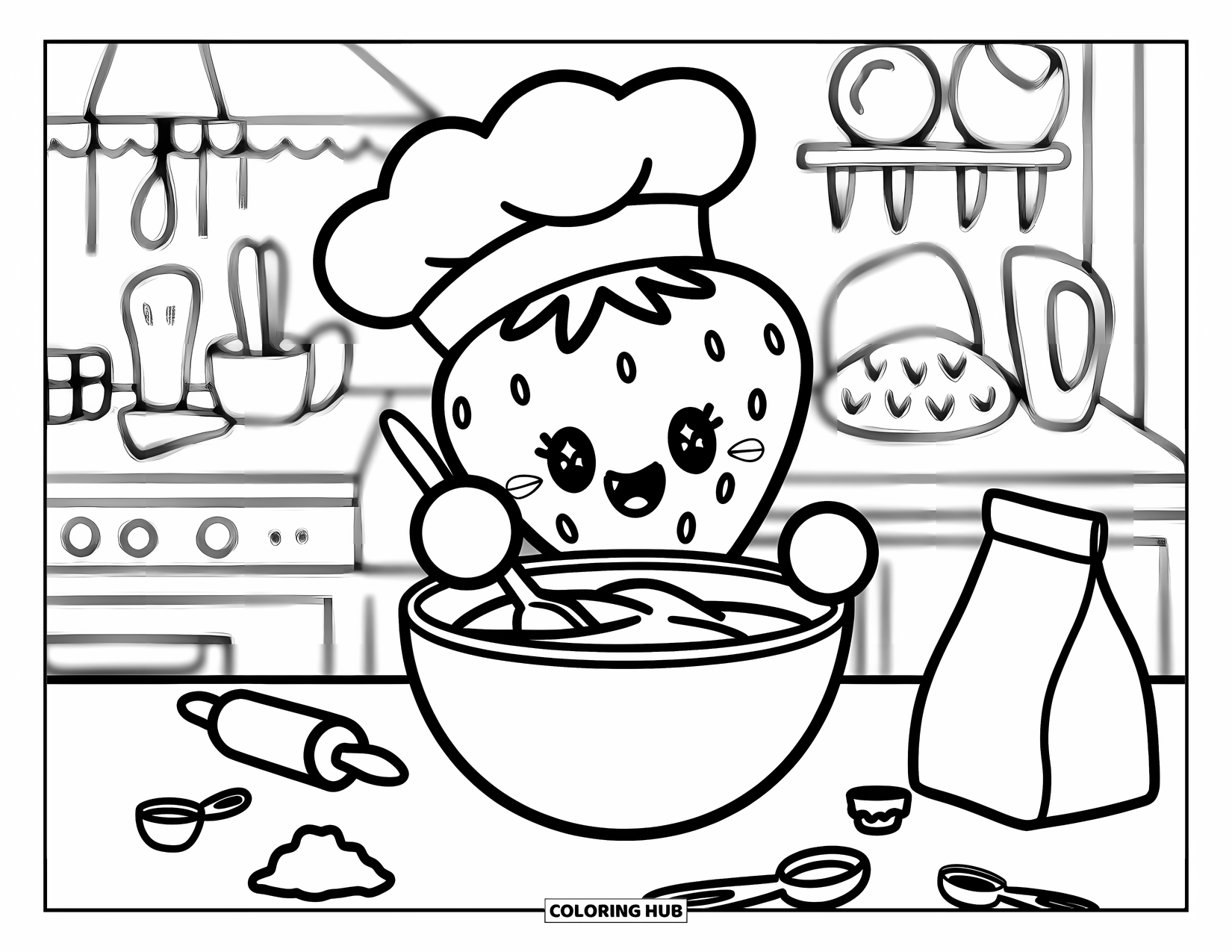 Strawberry Coloring Page for Adults: A cheerful strawberry chef mixes batter, surrounded by baking tools on a cute tabletop